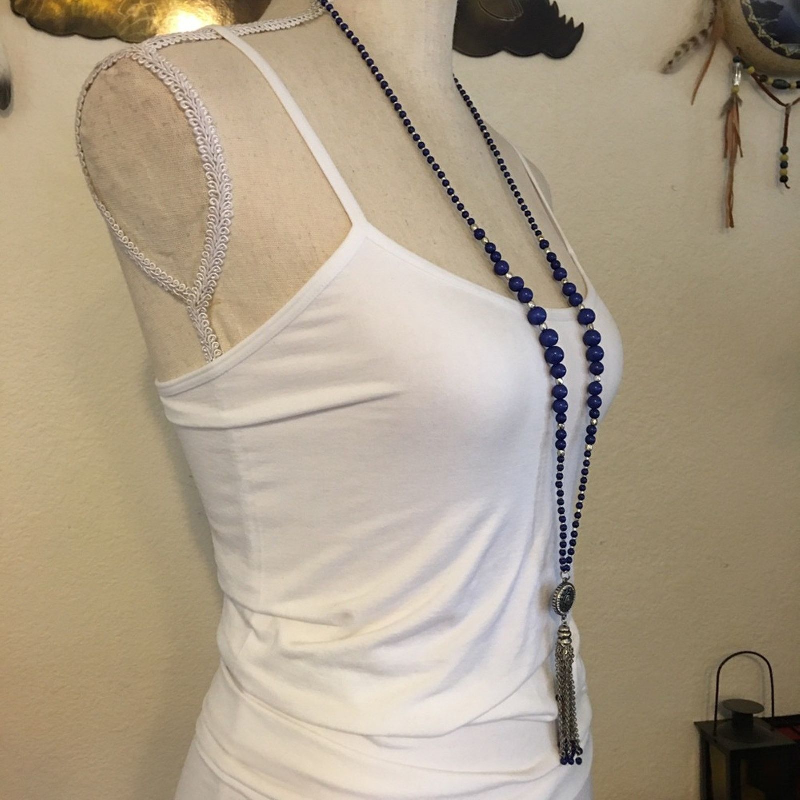 Jewelry Navy and silver beaded tassel rhinestone necklace Size ONE SIZE - 2 Thumbnail