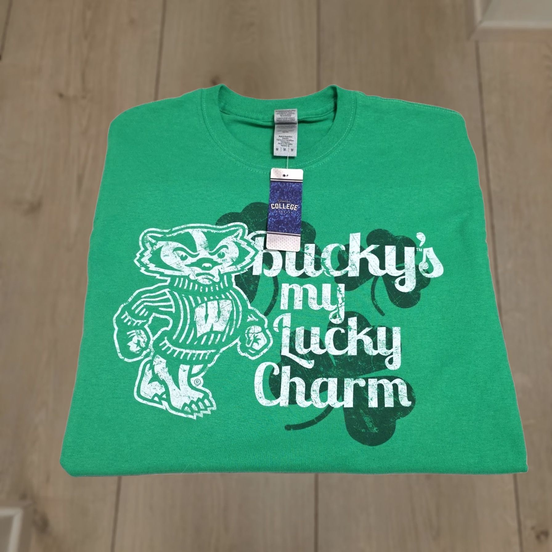 Gildan VINTAGE Wisconsin Badgers Bucky's My Lucky Charm Mascot Irish Green Short Sleeve T-Shirt Mens Medium Size US M / EU 48-50 / 2 - 1 Thumbnail