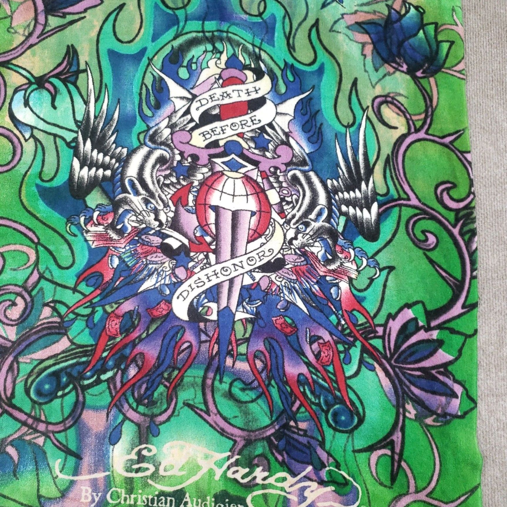 Ed Hardy VINTAGE Ed Hardy by Christian Audigier Scarf Women Rectangle 25x66 Green Geometric Y2K Size ONE SIZE - 6 Thumbnail