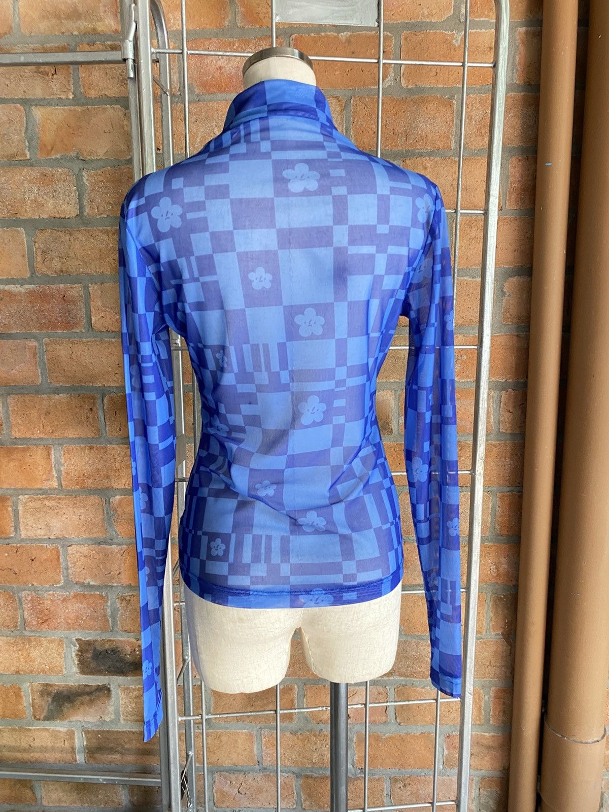 Japanese Brand Blue Sheer Checkered Floral Turtleneck Top Size S / US 4 / IT 40 - 15 Thumbnail