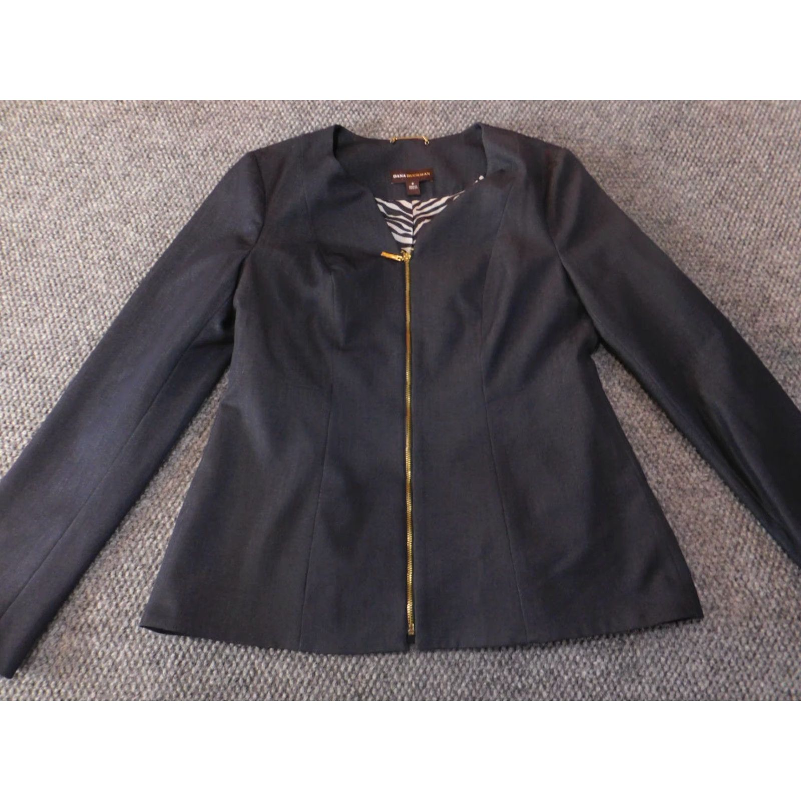 Vintage Dana Buchman Blazer Jacket Blue 6 Womens Zip Polyester Stretch Regular Casual Fall Spring | Jacket Coat Long Sleeve Solid Size M / US 6-8 / IT 42-44 - 2 Thumbnail