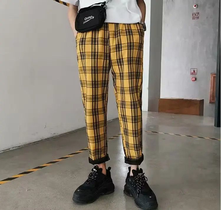 image of Youth Streetwear Plaid Pants Men Joggers in Yellow (Size 33)