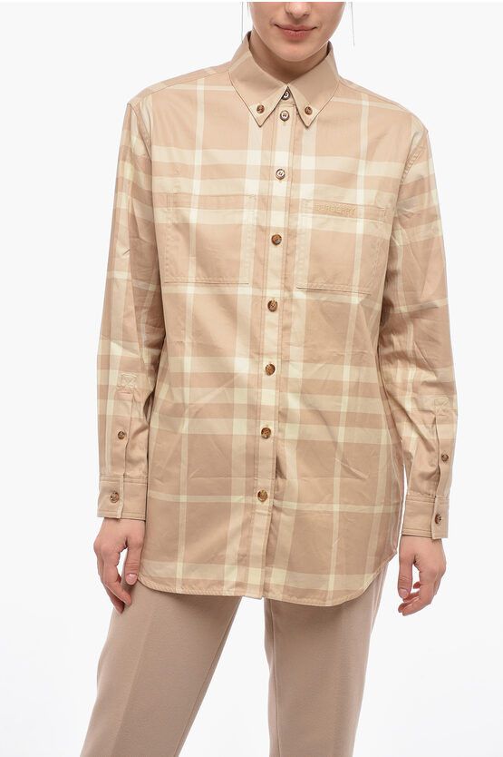 image of Burberry Tartan Shirt With Breast Pockets in Beige, Women's (Size Small)