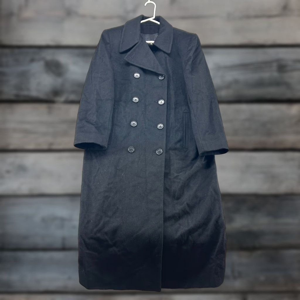 VINTAGE Jones New York Coat Women XL Black Wool Long Trench Double Breasted 90s Overcoat