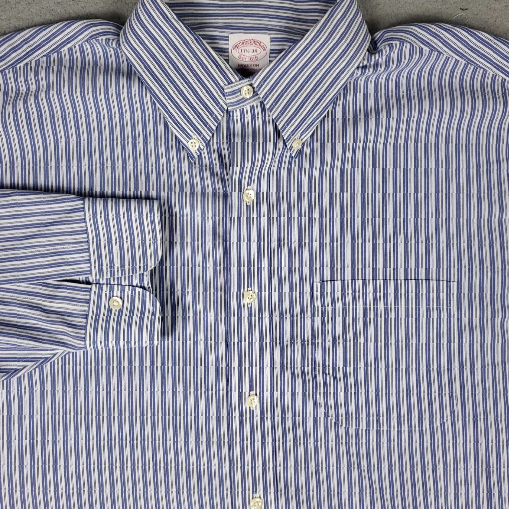Brooks Brothers Brooks Brothers Shirt Mens 17.5 Blue Striped Madison Dress Button Up Long Sleeve Shirt Regular Size 48R - 2 Thumbnail