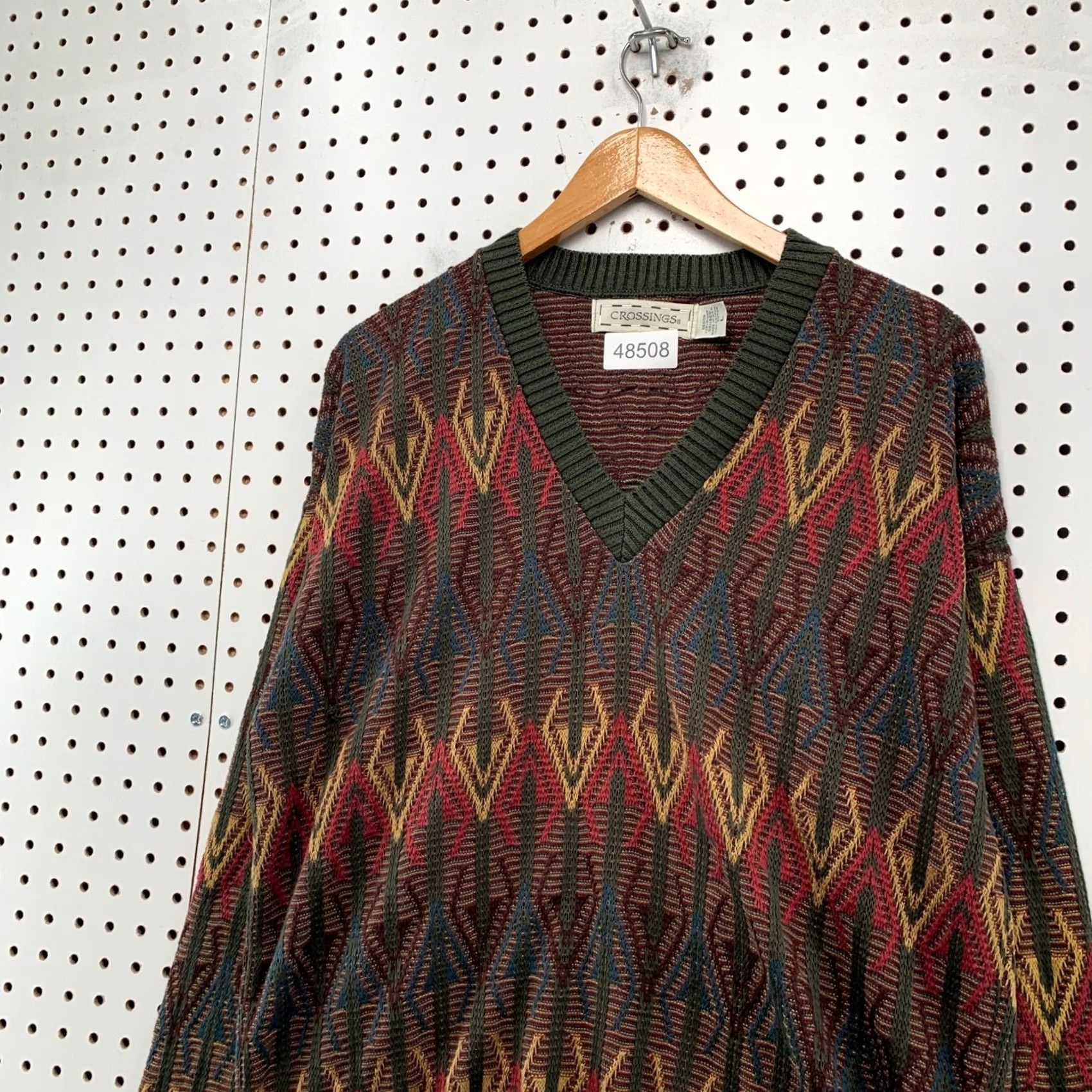 Vintage VINTAGE Crossings Sweater Mens L Brown 90s Geometric Diamond V Neck Cotton Size US L / EU 52-54 / 3 - 6 Thumbnail