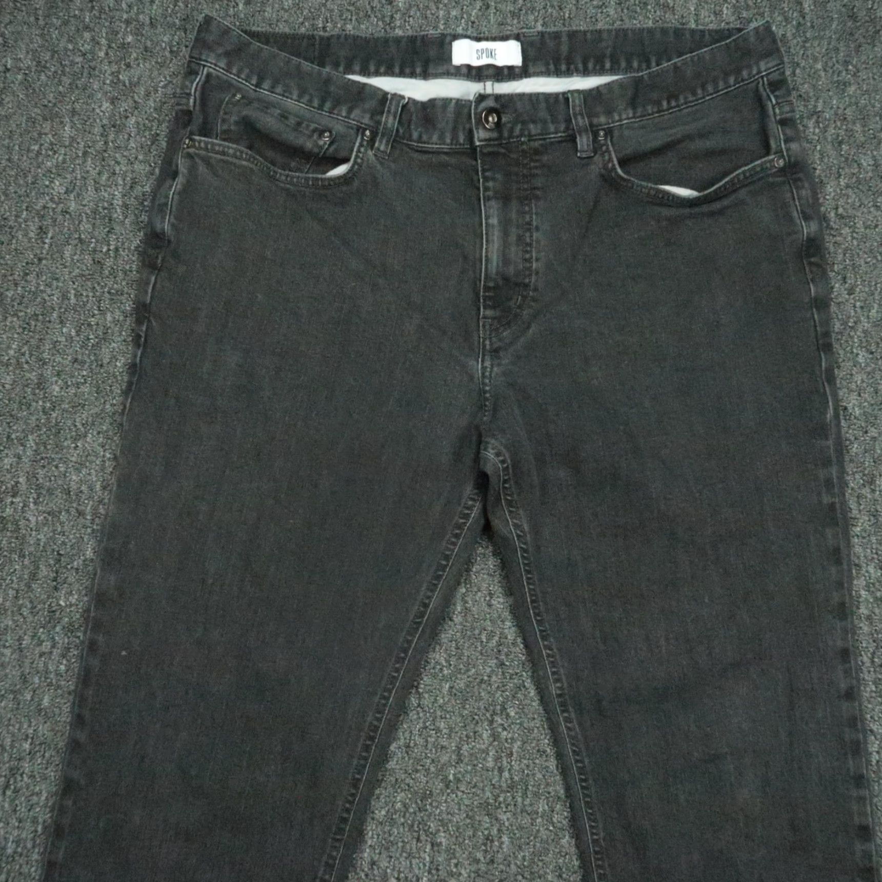 Denime Spoke Jeans Mens 37x29 Denim Straight 5-Pocket Black 37 Inseam Dark Denim Button Zip Belt Loops Regular Size 37 Vintage No Size US 37 - 2 Thumbnail