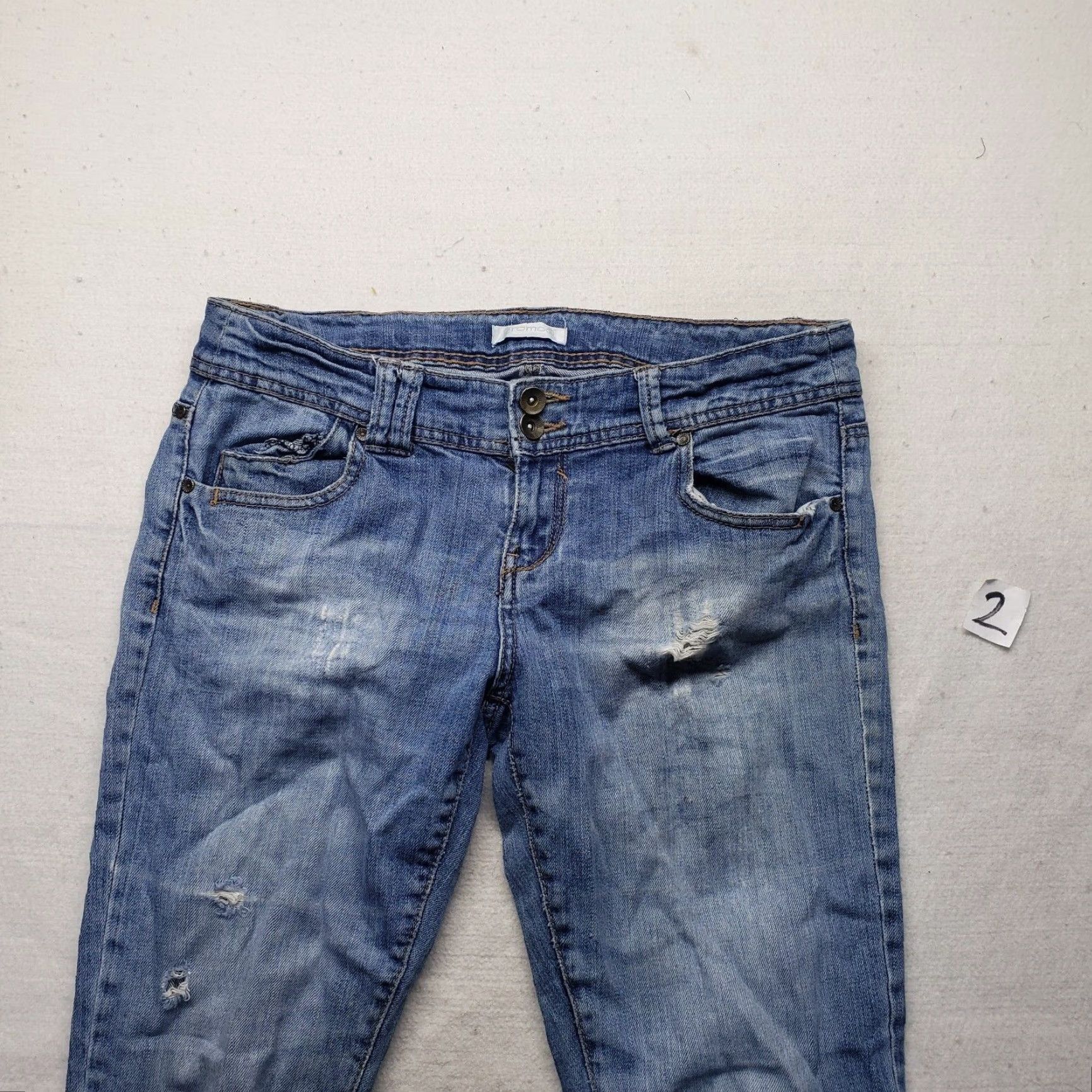Denime Promod Jeans Adult Women Size 12 Blue Denim Distressed Stretch Low Rise 5-Pocket Straight Womens Size 34" / US 12 / IT 48 - 2 Thumbnail