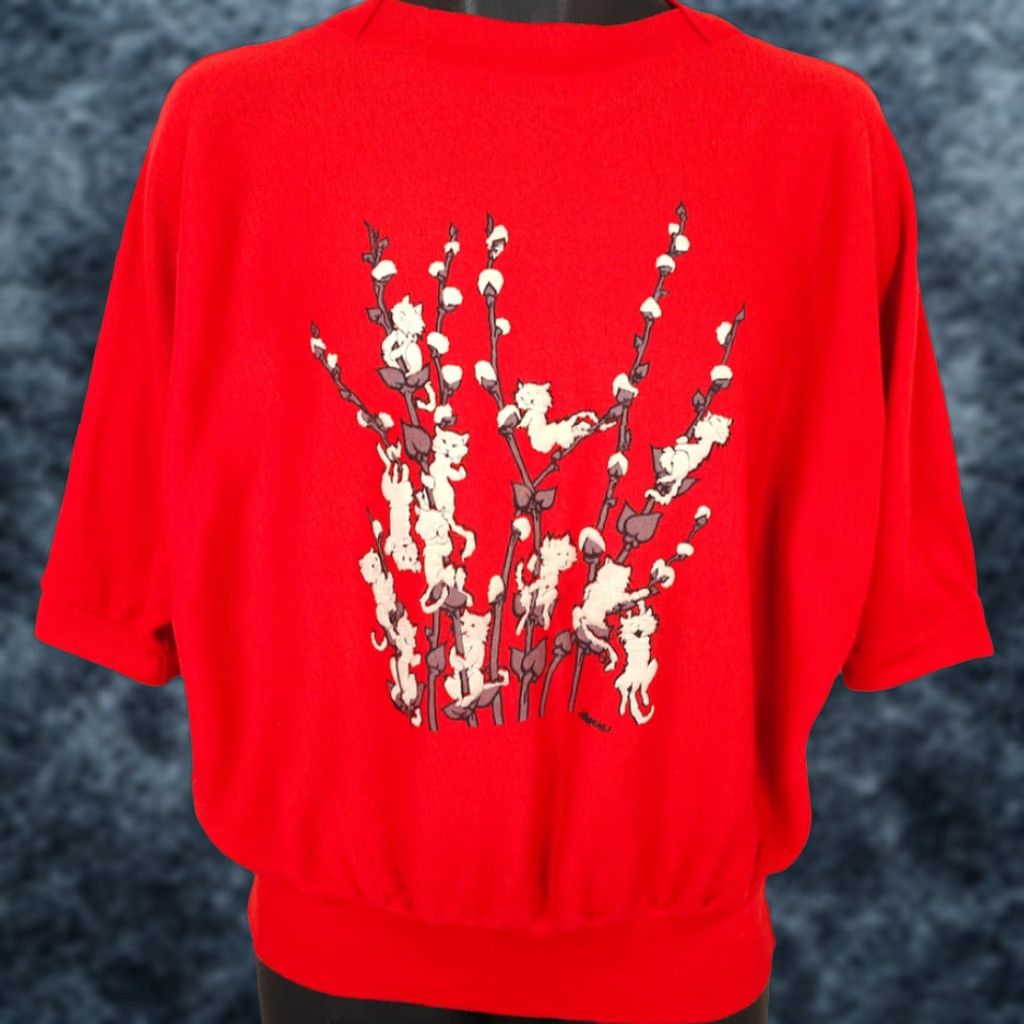 Vintage VINTAGE Pussy Willows Cat Sweater Womens Size M Red 80s 3/4 Sleeve Pullover Size M / US 6-8 / IT 42-44 - 1 Thumbnail