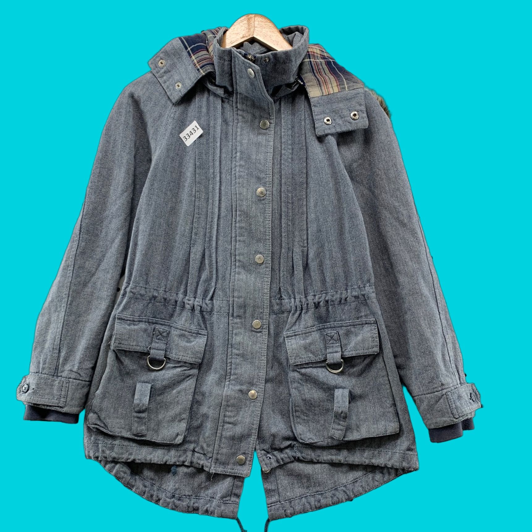 VINTAGE Free People Denim Jacket Womens Size 2 Blue Hooded Long Sleeve Pocket