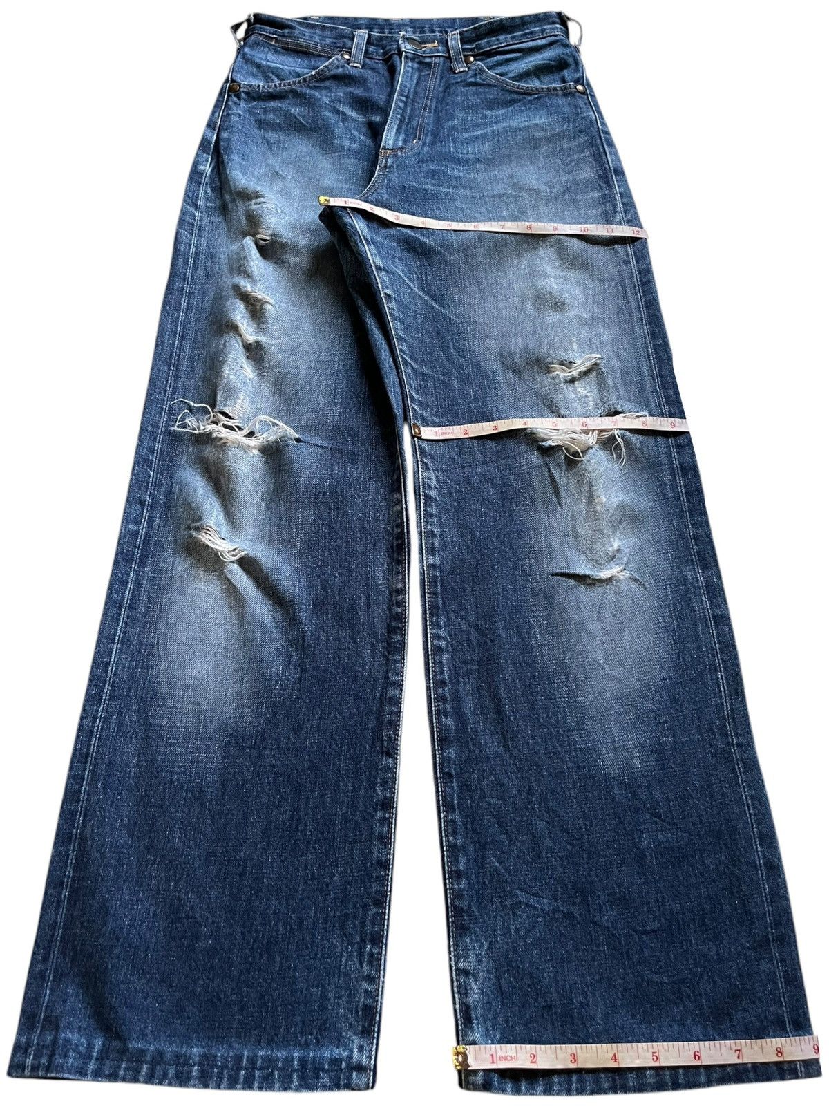 Vintage × Wrangler Wrangler Blue Bell Selvedge Blue Wash Distressed Baggy Jeans Size US 28 / EU 44 - 15 Thumbnail
