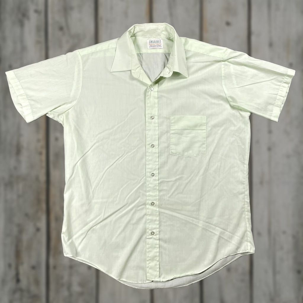 Atomic VINTAGE Wieboldt's Cambridge Collection Shirt Large Green Mod Atomic Short Sl 1960s Cotton Blend Sanforized Mens Size US L / EU 52-54 / 3 - 1 Thumbnail