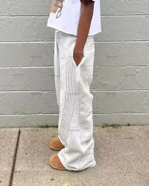 Jean Hip Hop Elastic Waist Stripes Embroidery Baggy Sweatpants Size US 36 / EU 52 - 8 Thumbnail