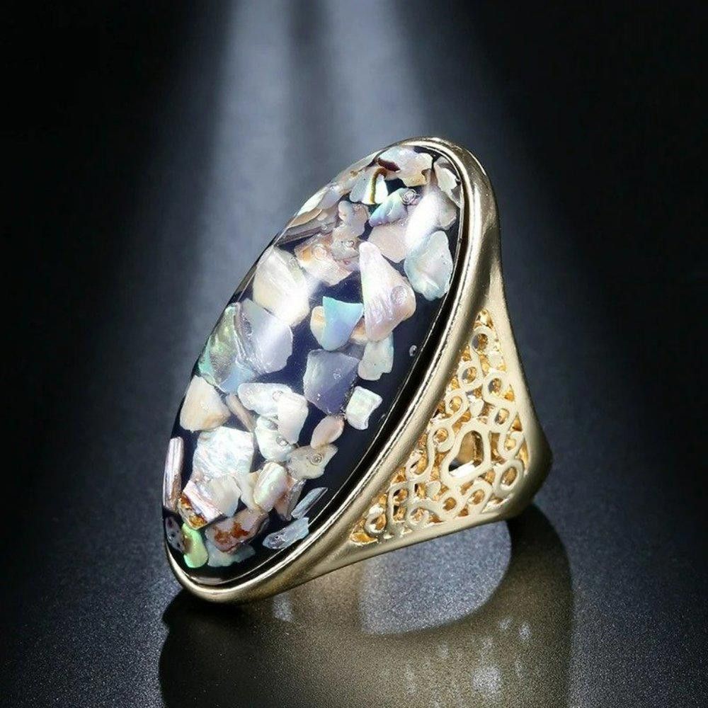 Designer Artificial Coral Big Oval Bohemian Gold Ring - Size 7 Size ONE SIZE - 2 Thumbnail
