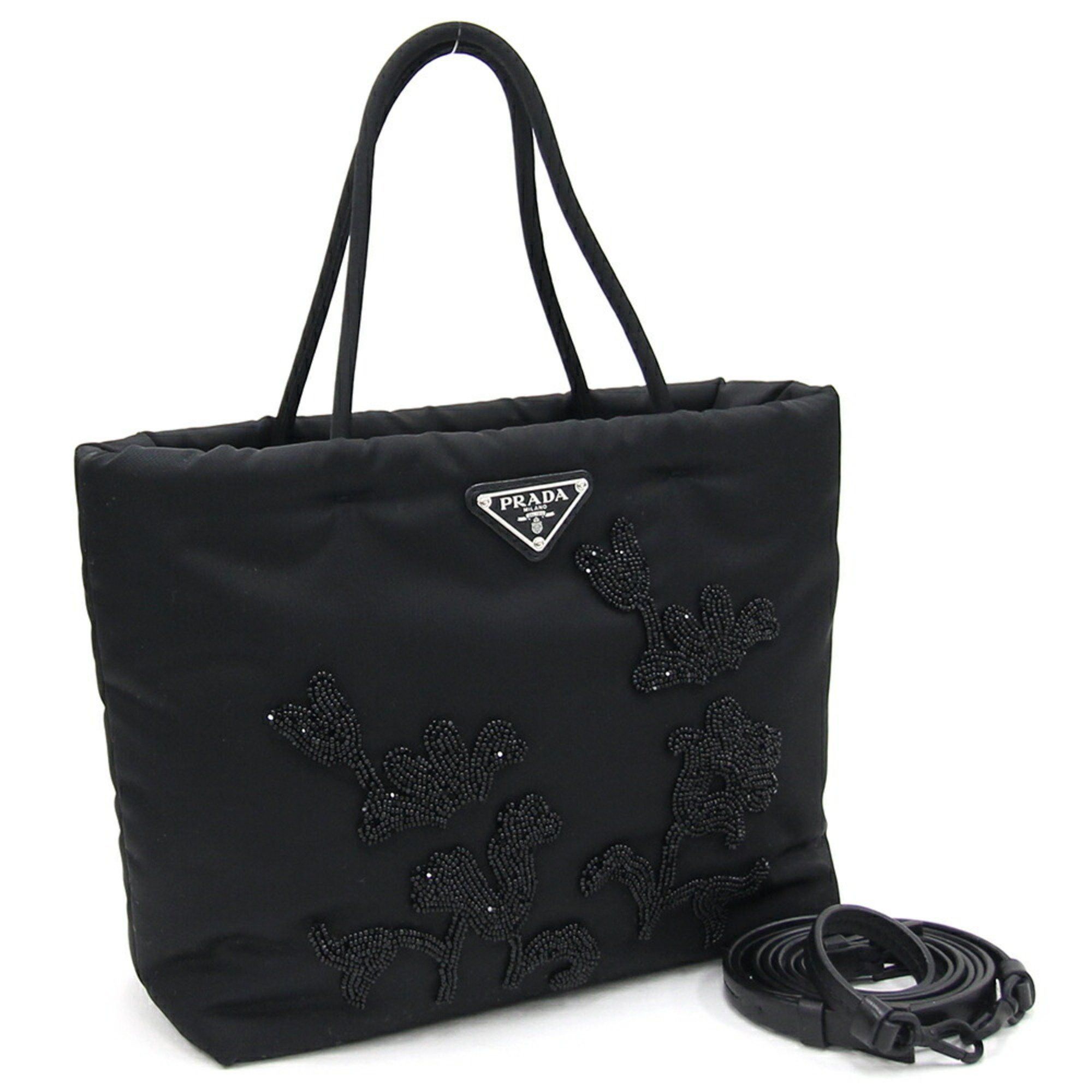 image of Prada Handbag 1Ba257 Black Nylon Leather Shoulder Bag Flower Beads Embroidery Ladies Prada, Women's