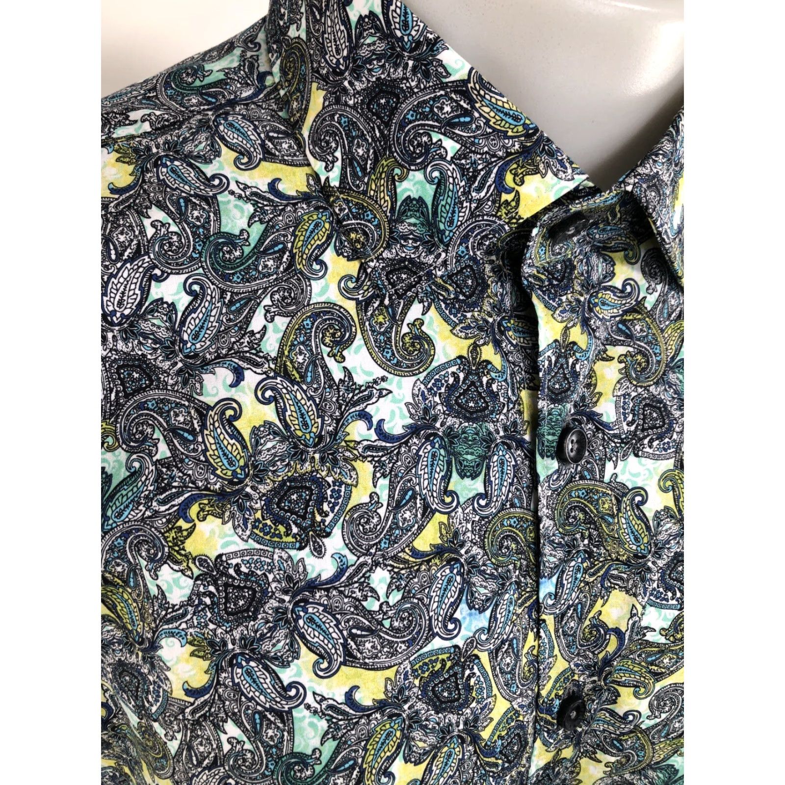 Jared Lang JARED LANG Paisley Mens XL Shirt - Button-Up - Long Sleeve - Green / Yellow / White / Black / Blue - B1 Size US XL / EU 56 / 4 - 2 Thumbnail