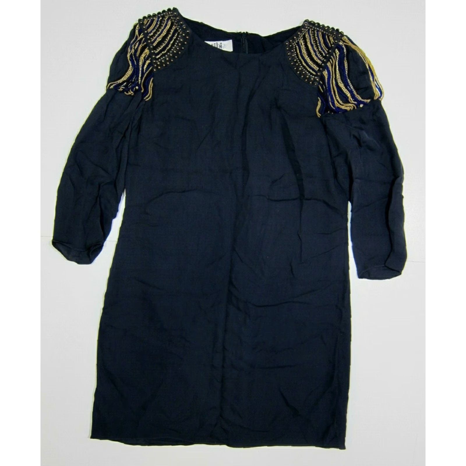 Tibi Tibi Dress Women Size 6 Black Blue Silk Beaded Shoulders Shift Sheath 100% Silk Size M / US 6-8 / IT 42-44 - 6 Thumbnail