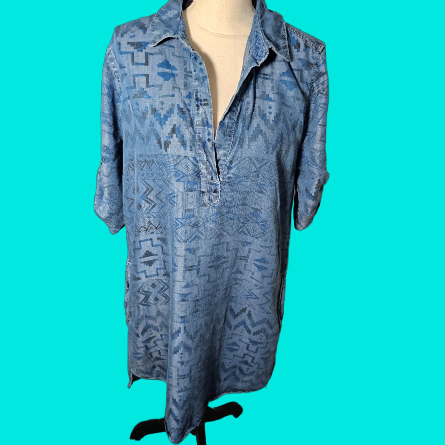 Vintage PHILOSOPHY SHIRT DRESS Women L Blue Chambray Aztec Print Geometric Knee Length Short Sleeve Roll Tab Size L / US 10 / IT 46 - 1 Thumbnail