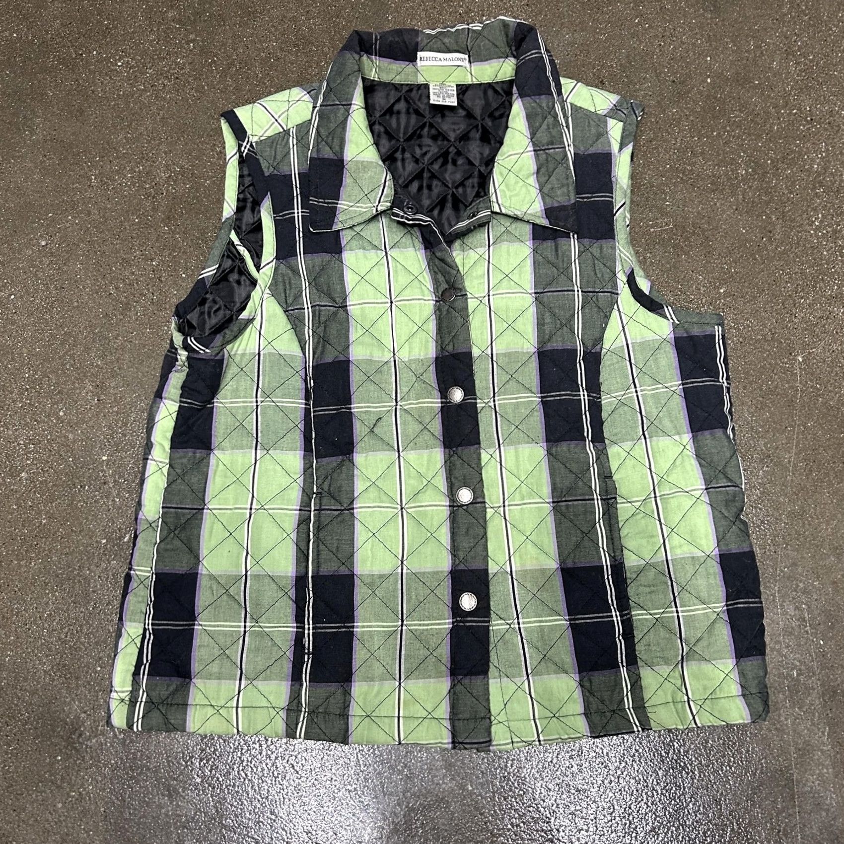 Vintage Rebecca Malone Vest Womens Medium Green Plaid Quilted Snap Front Collared Lined Size M / US 6-8 / IT 42-44 - 2 Thumbnail