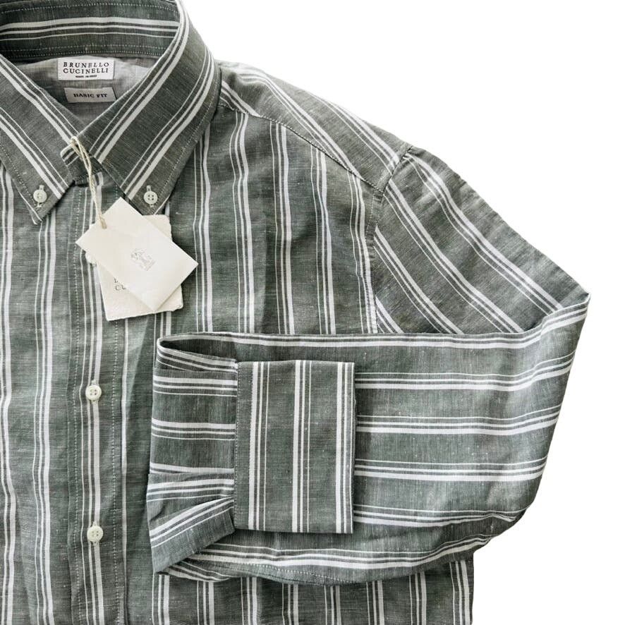 Brunello Cucinelli Brunello Cucinelli Linen Button Front Green Stripe Shirt M Size US M / EU 48-50 / 2 - 4 Thumbnail