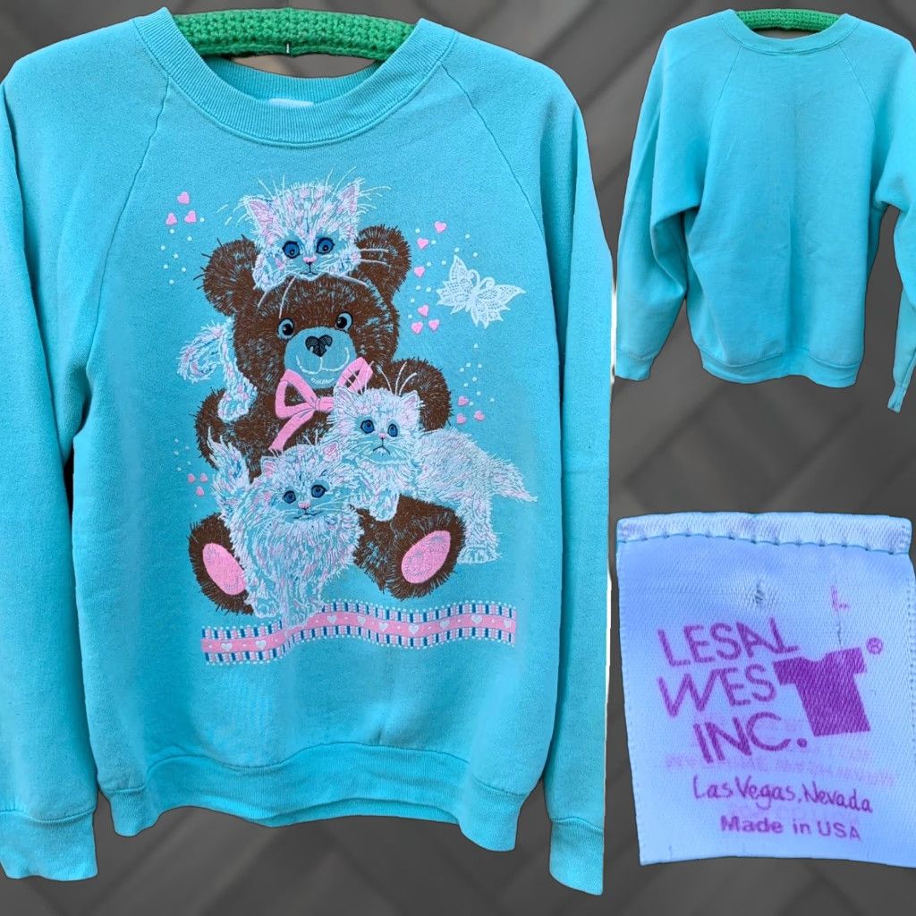 Vintage VINTAGE Lesal Wes Inc. Sweatshirt Raglan Green 90s Bear Butterfly Cat Kawaii Graphic Print Women L Size L / US 10 / IT 46 - 1 Thumbnail