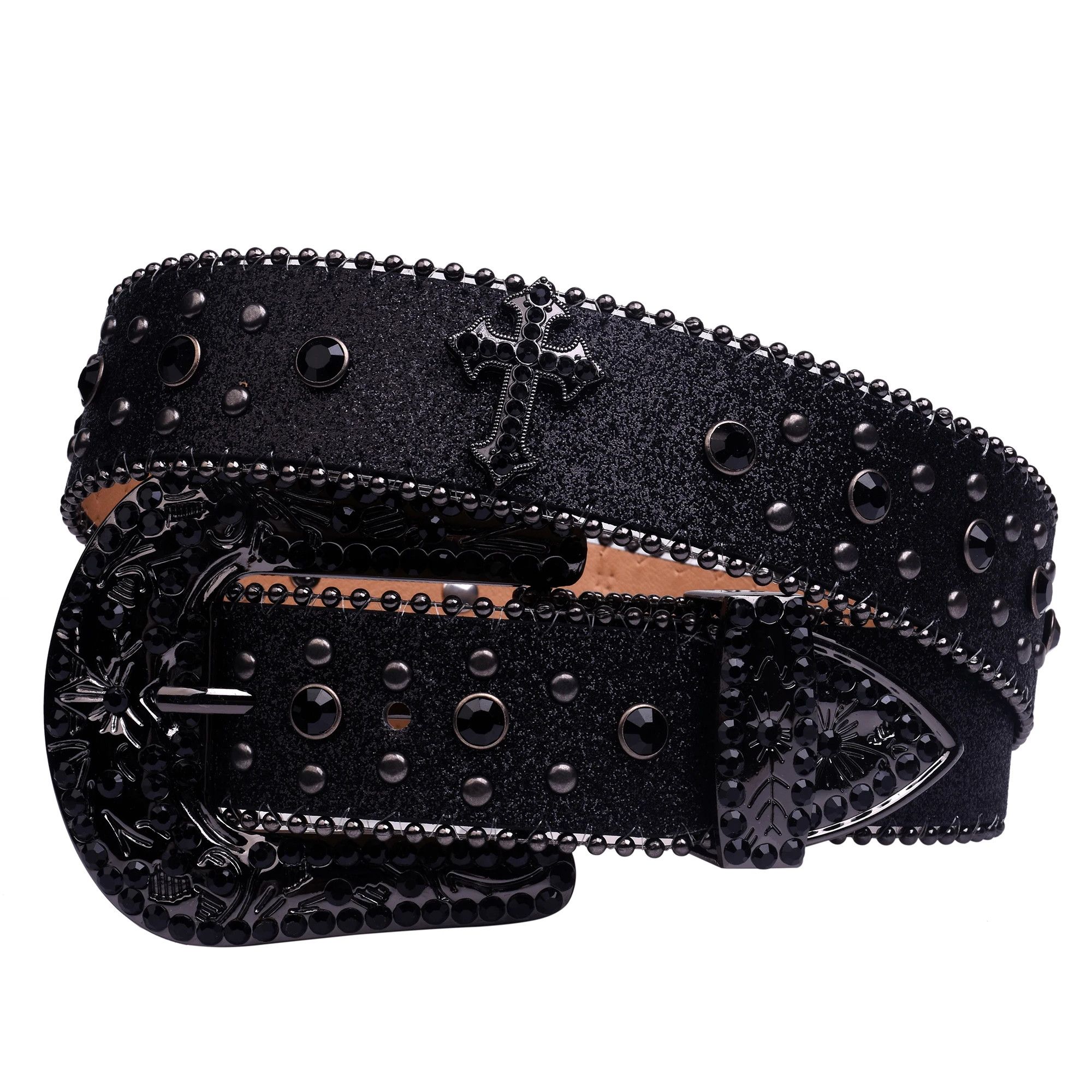 Japanese Brand Cowboy Black Rhinestone belt design leather belt inlay Size ONE SIZE - 1 Thumbnail
