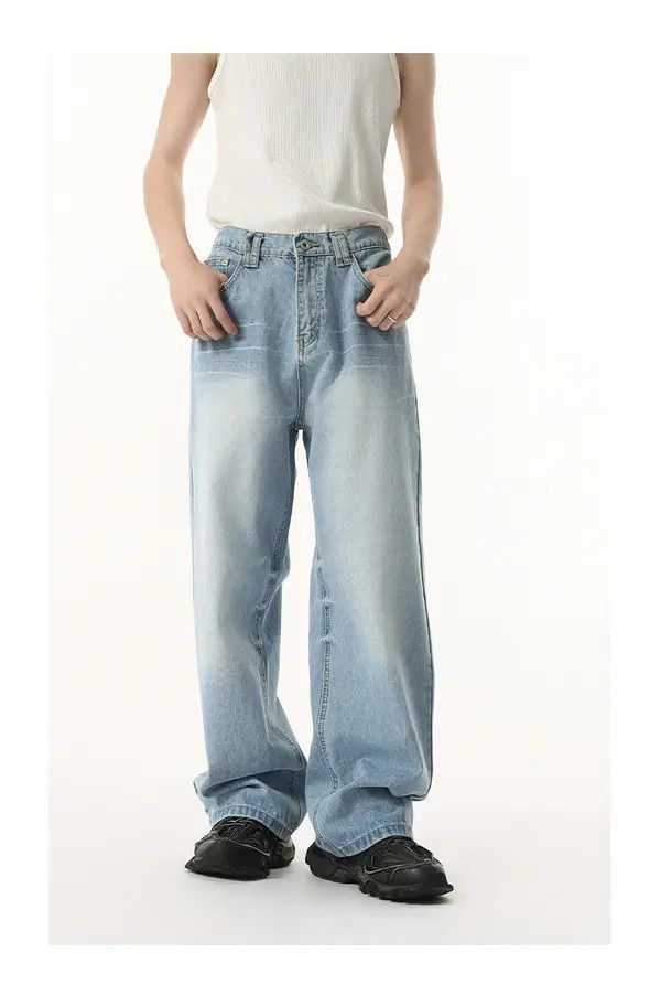 Jean Japanese retro washed elastic waist straight loose jeans Size US 32 / EU 48 - 3 Thumbnail