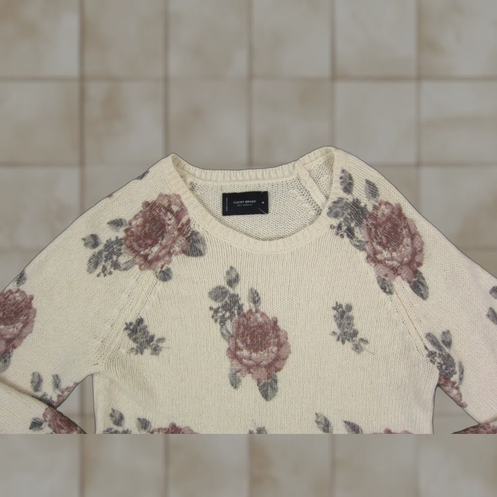 Lucky Brand Lucky Brand Sweater Womens M Pullover Crew Neck Knit Floral Beige Cotton City Classic Winter Autumn Size M / US 6-8 / IT 42-44 - 1 Thumbnail