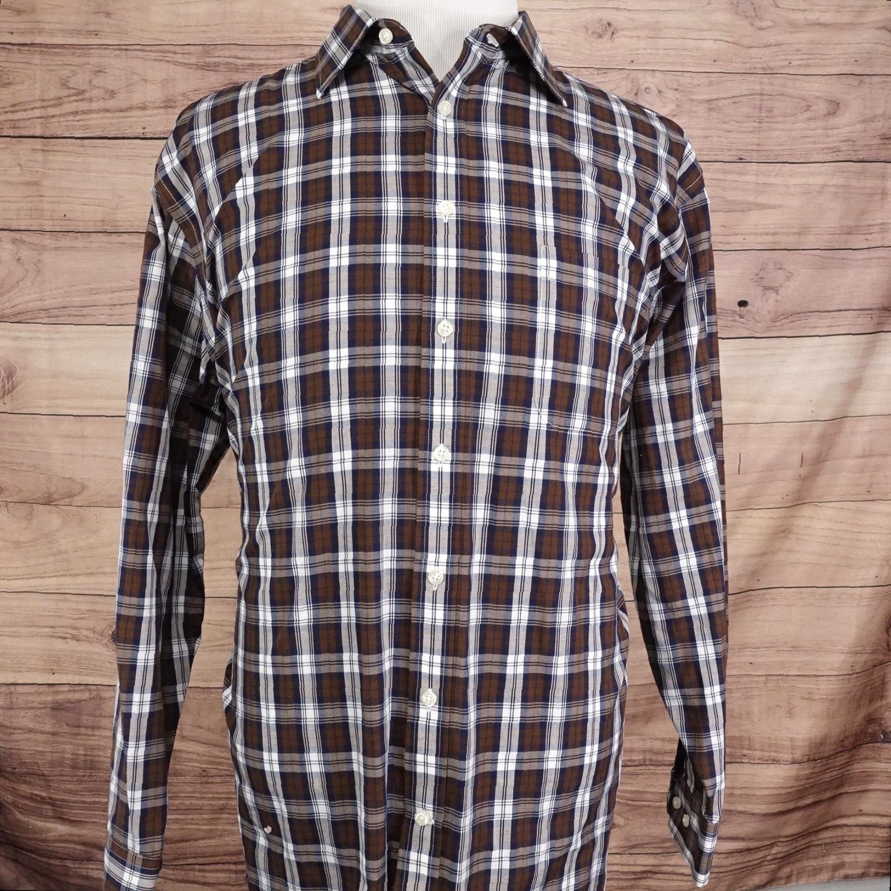 Stafford Stafford Dress Shirt Mens 17.5 34/35 Brown Plaid Regular Fit Travel Easy Care Shirt Mens Regular 17.5 34/35 Brown Plaid Easy Care Size 48R - 3 Thumbnail