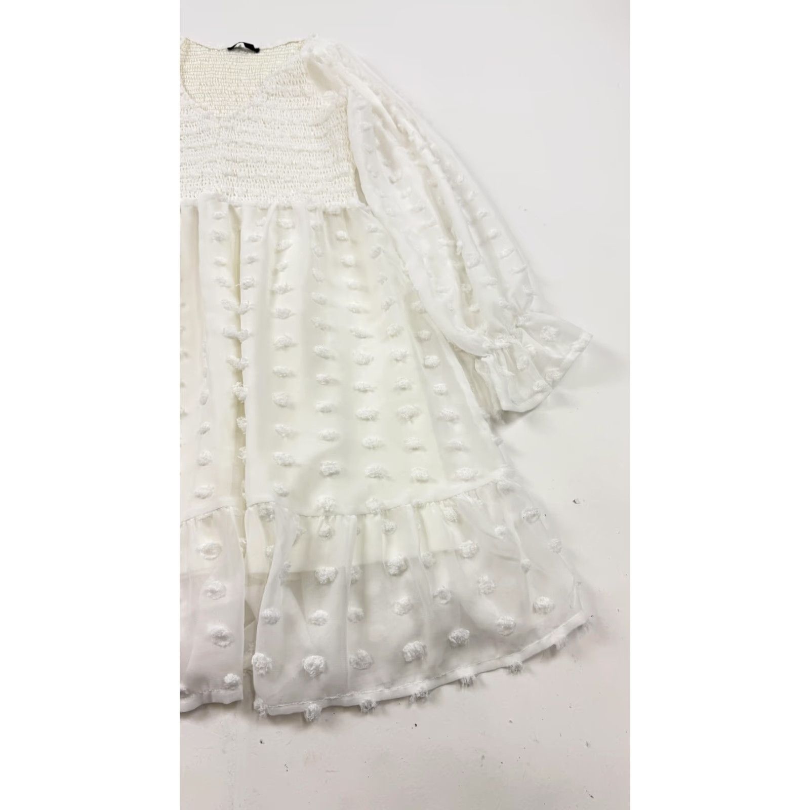 Vintage BTFBM Dress Small White Swiss Dot Smocked Long Sleeve Ruffle Hem Womens Size S / US 4 / IT 40 - 2 Thumbnail