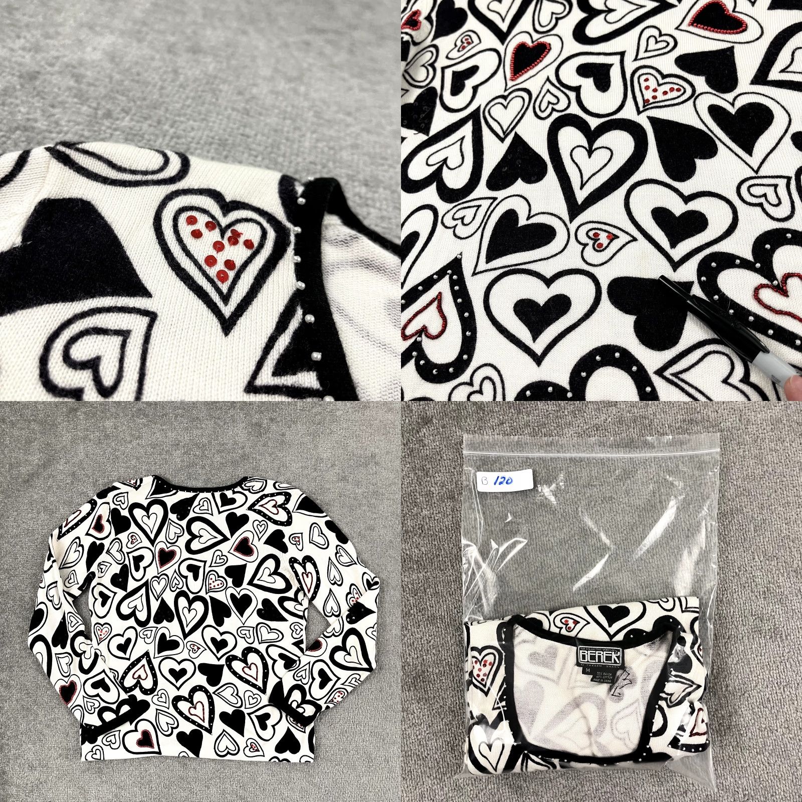 Vintage BEREK Sweater Womens Medium White Black Hearts Love Beaded Sequin Square Neck Size M / US 6-8 / IT 42-44 - 8 Thumbnail
