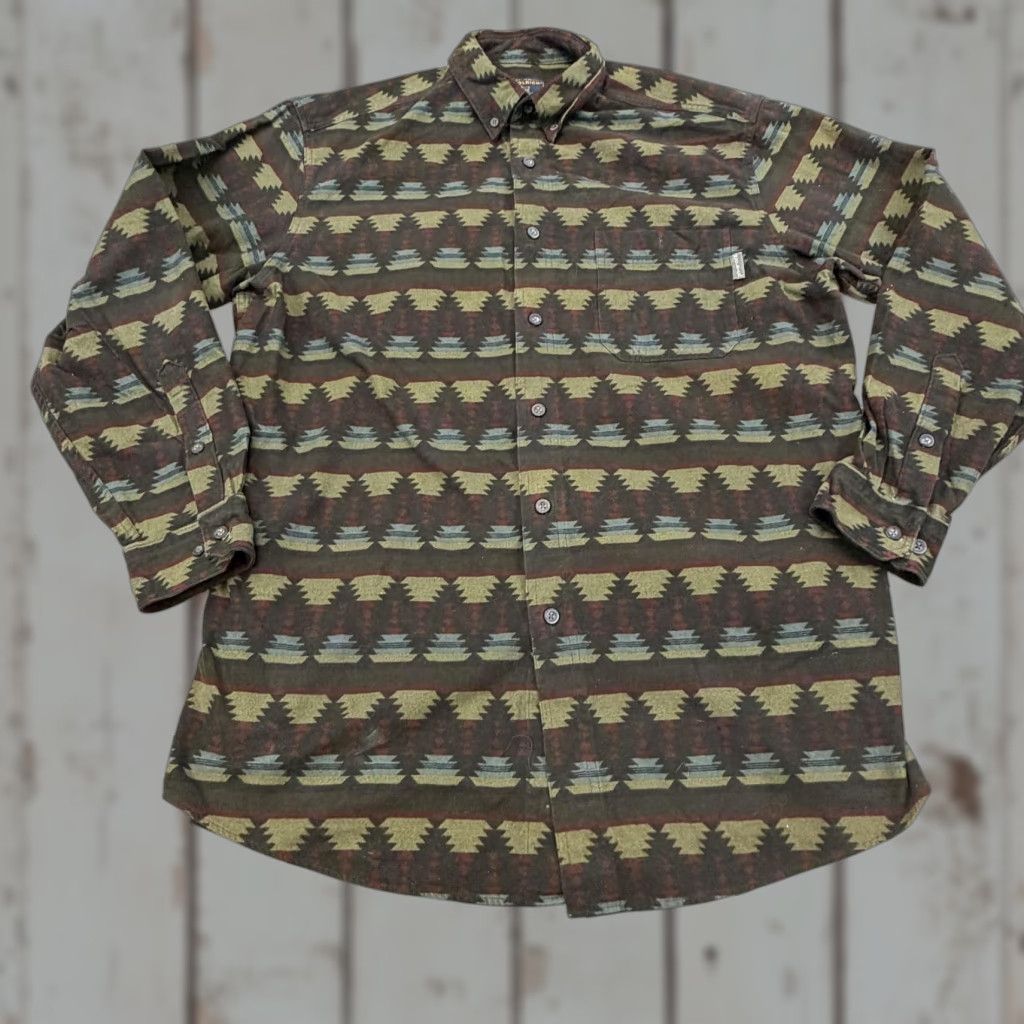 Vintage Woolrich Shirt Mens Large Green Flannel Button-Front Long Sleeve Geometric Southwest Aztec Outdoor Pockets Collared Button-Up - Mens Size US L / EU 52-54 / 3 - 1 Thumbnail