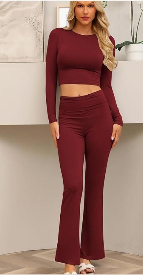NBDN Nobrandedon Lounge Set with Fold-Over Flare Pants, Long Sleeve SMALL Size ONE SIZE - 4 Thumbnail
