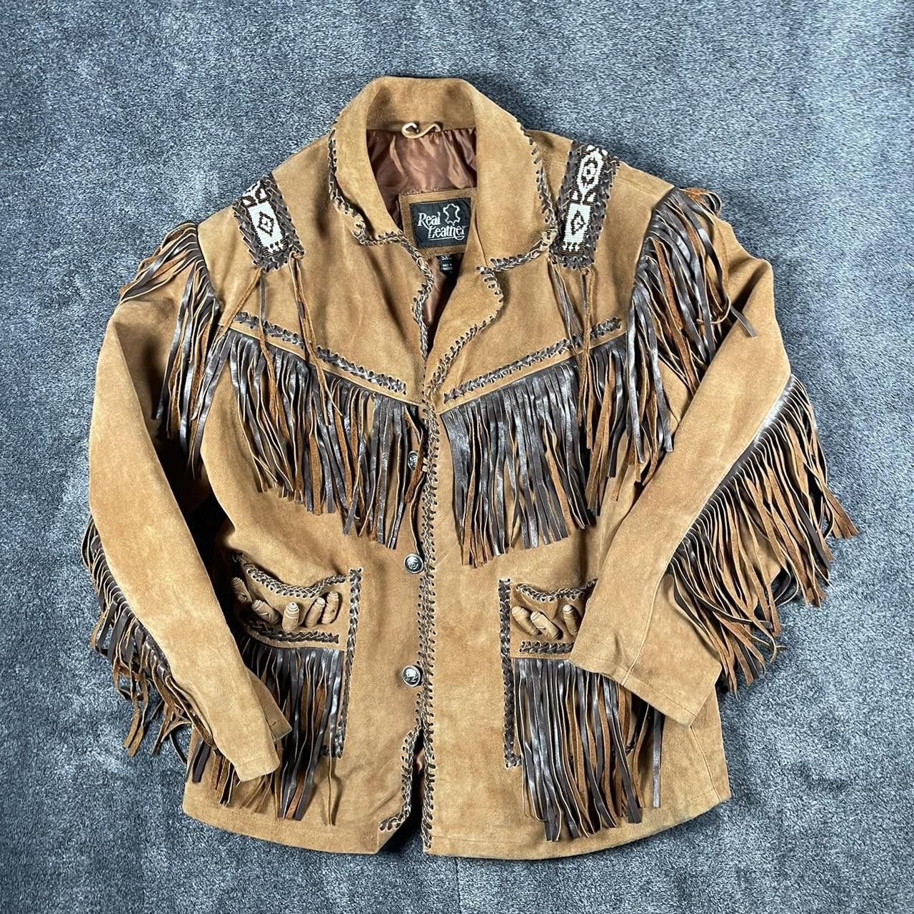 image of VTG 90's Native American Leather Heavyweight Jacket in Brown, Men's (Size 2XL)