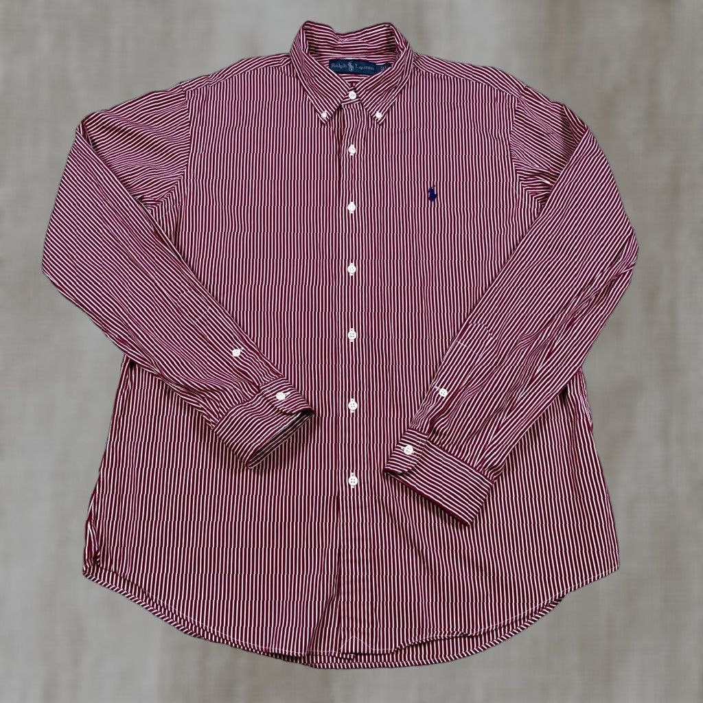 Ralph Lauren Ralph Lauren Shirt Men Large Red Striped Button-Up Poplin Dress Pony Logo Button-Front Casual Modern Classic 90s Theme Mens Size 42R - 1 Thumbnail