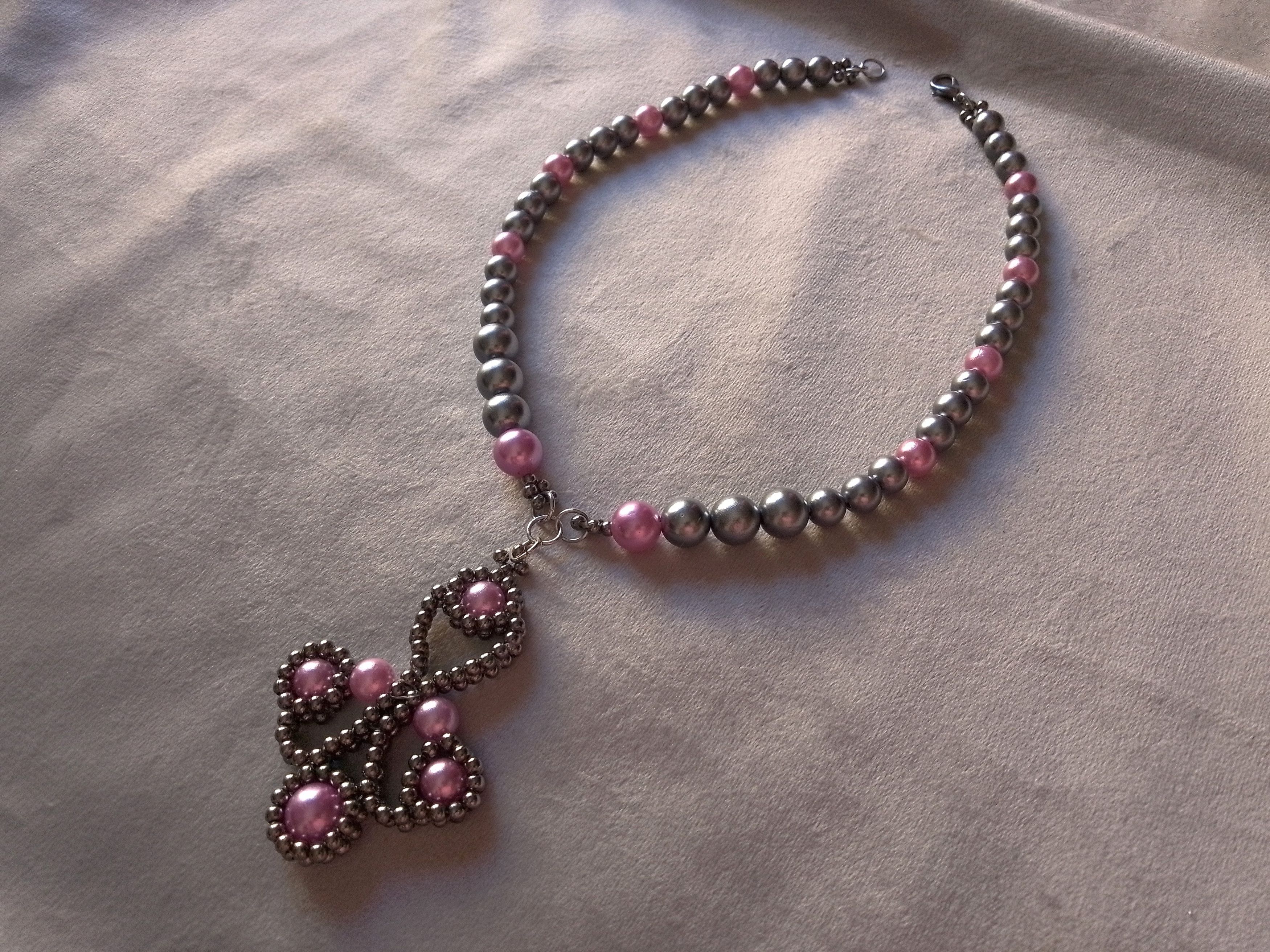Handmade Necklace Gray Pink Pearls Antique Middle Age Style Pendant Size ONE SIZE - 6 Thumbnail