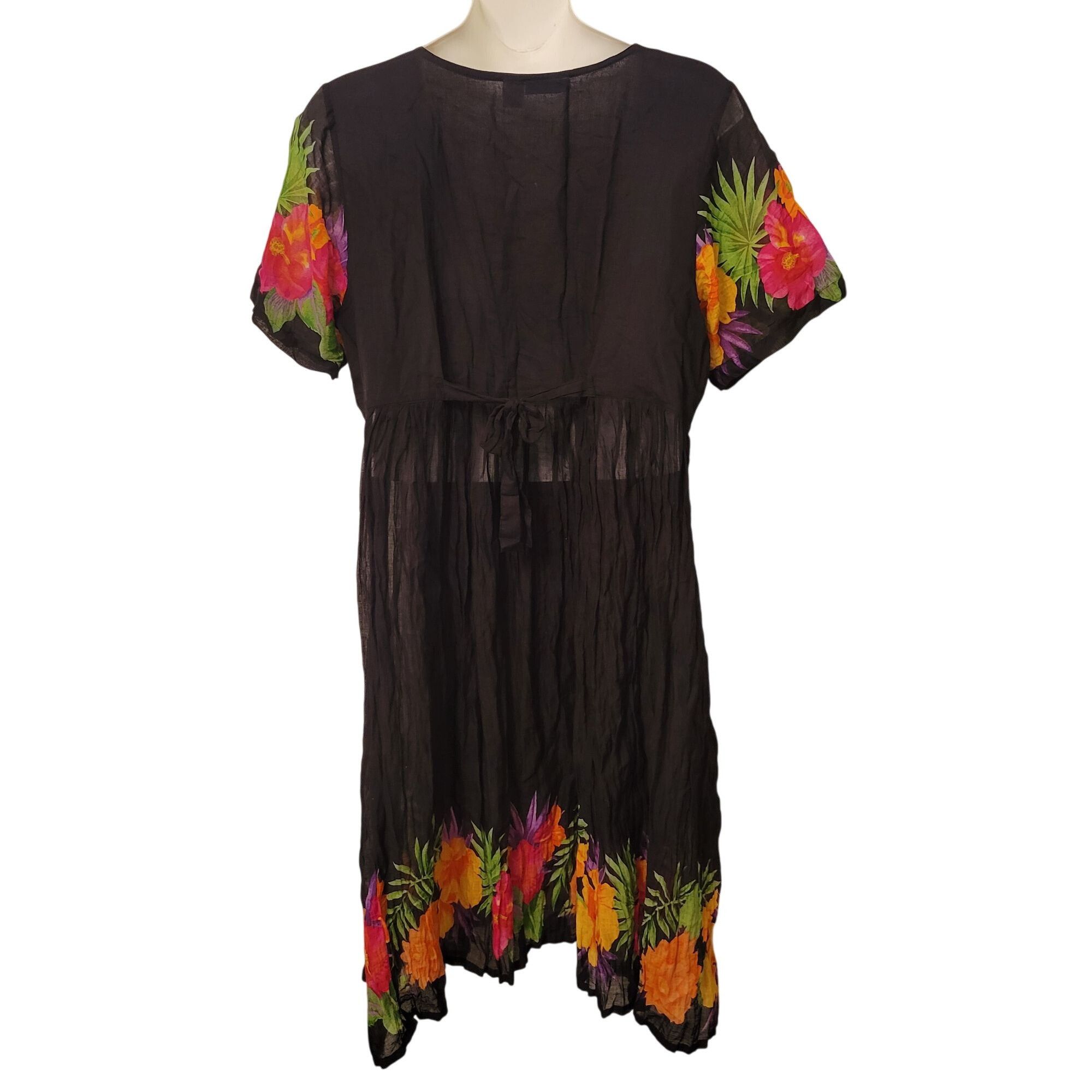 Vintage La Cera 2X Black Floral Short Sleeve Button Front Dress Cott Size XXL / US 16-18 / IT 52-54 - 3 Thumbnail