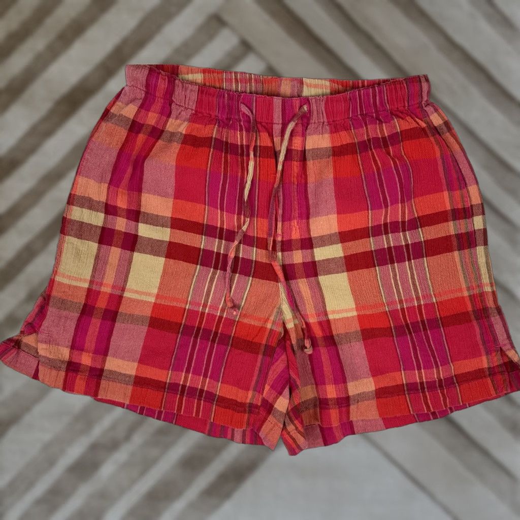 Vintage Liz Claiborne Easy Shorts Womens Small Pink Fuchsia Plaid 90's Bohemian Preppy Casual Drawstring Elastic Waist 5.5" Inseam Women (Size 28)