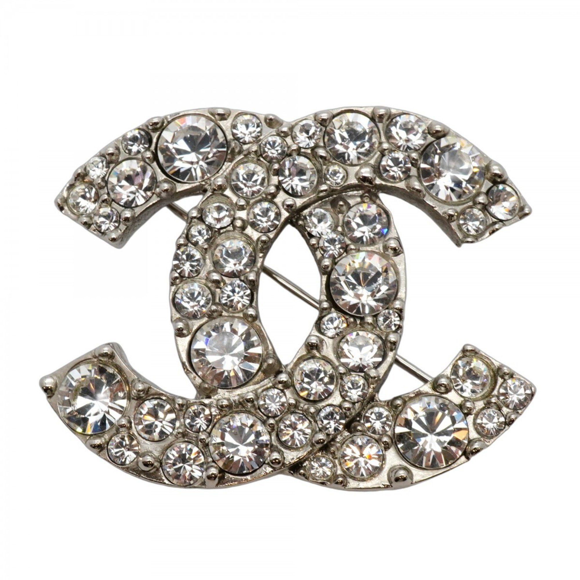 Chanel Coco Mark Metal Rhinestone Silver Brooch for Women
