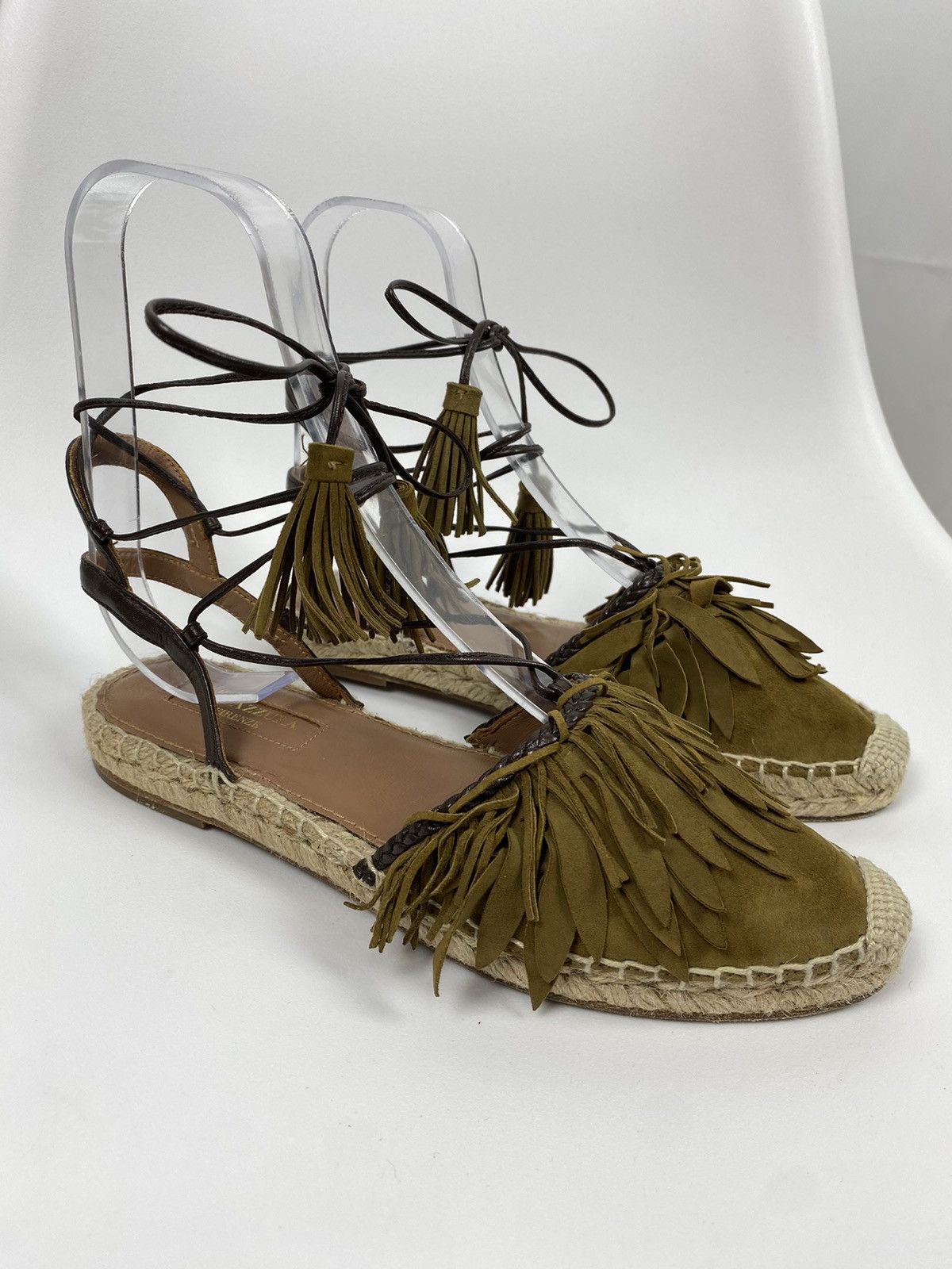 Aquazzura Pocahontas Fringed Suede Lace-Up Espadrille Flats