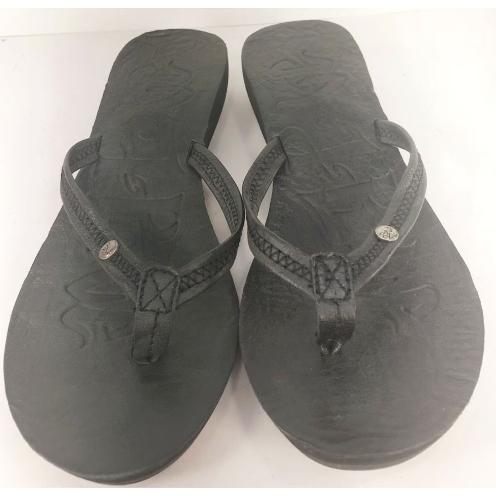 Doublet Mad Love Double Down Thong Wedge Sandals Women's 9M Black Leather Footbed Leather Trimwork Slip On Low Heel Casual Comfort & Style Sandal Size US 9 / IT 39 - 3 Thumbnail