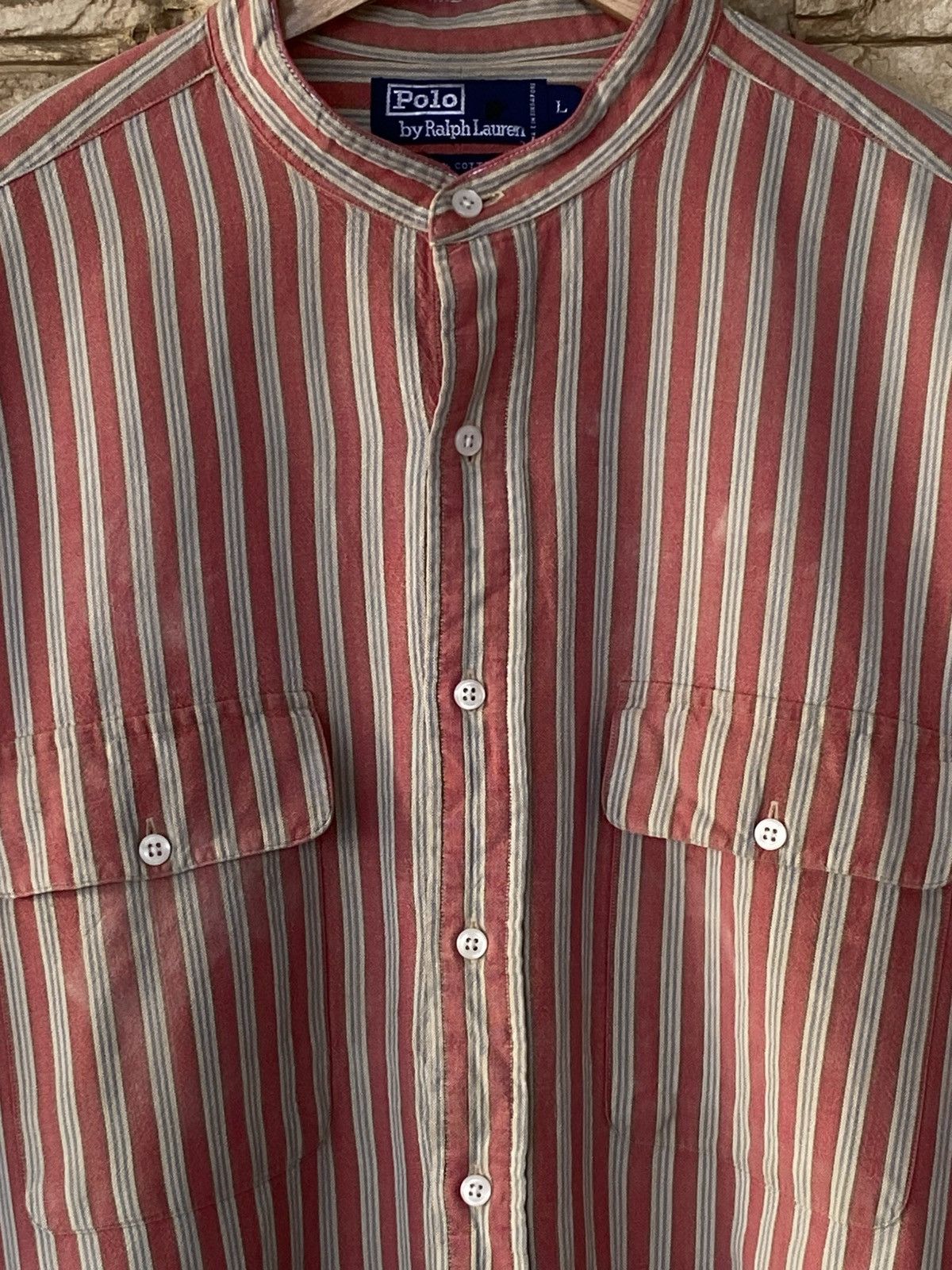Polo Ralph Lauren Vintage 90s Polo Ralph Lauren Striped Two-Pocket Button-Up Mandarin Collar Long Sleeve Shirt Kemeja Size US XXL / EU 58 / 5 - 2 Thumbnail