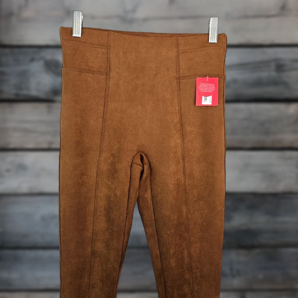 Spanx Leggings Womens Faux Suede Sz S Rich Caramel Pull On Mid Rise Brown