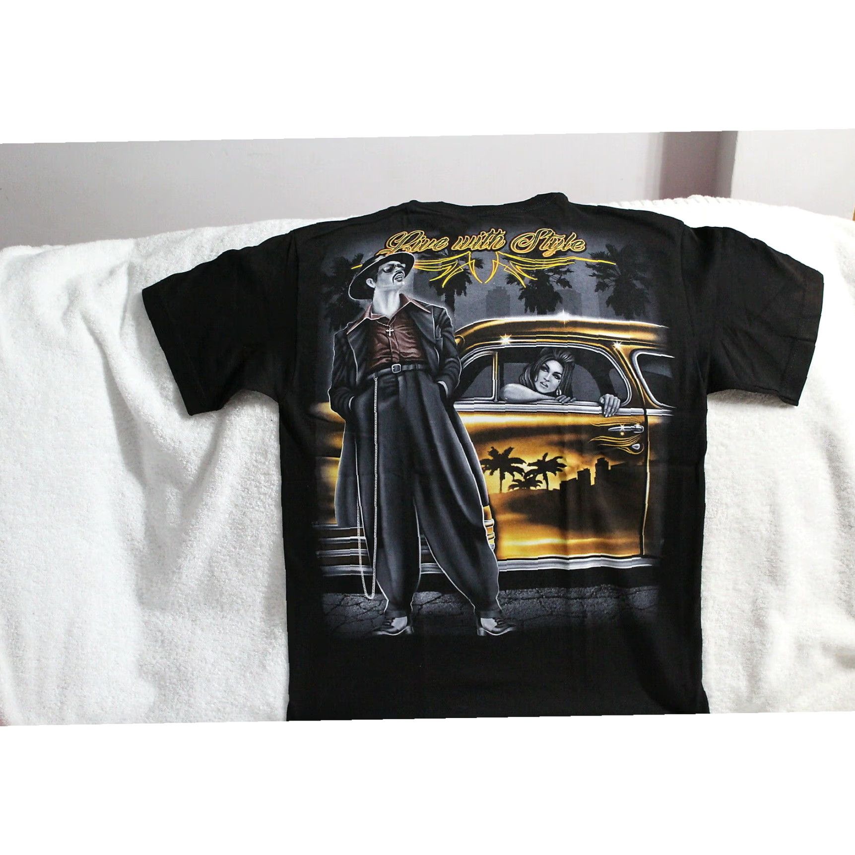 Vintage ALSTYLE Mens Graphic Tee Black Short Sleeve T-Shirt Live With Style Gangster Car City Size US M / EU 48-50 / 2 - 1 Thumbnail