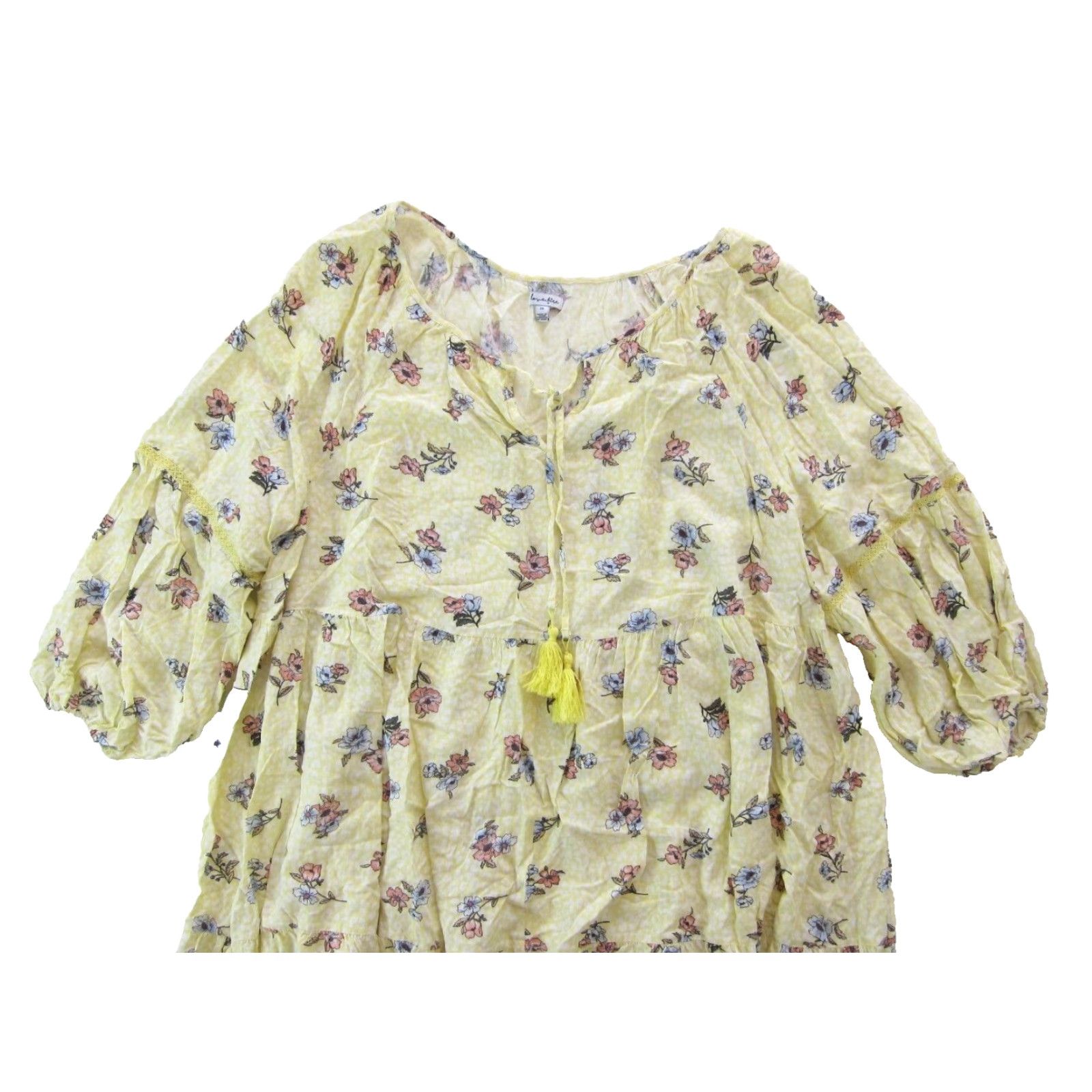 Vintage Love, Fire Dress Kaftan 3/4 Sleeve Smock Peasant Dress 3X Yellow Rayon Floral V-Neck Tie 27" pit to pit 66" waist Womens Size XXL / US 16-18 / IT 52-54 - 5 Thumbnail