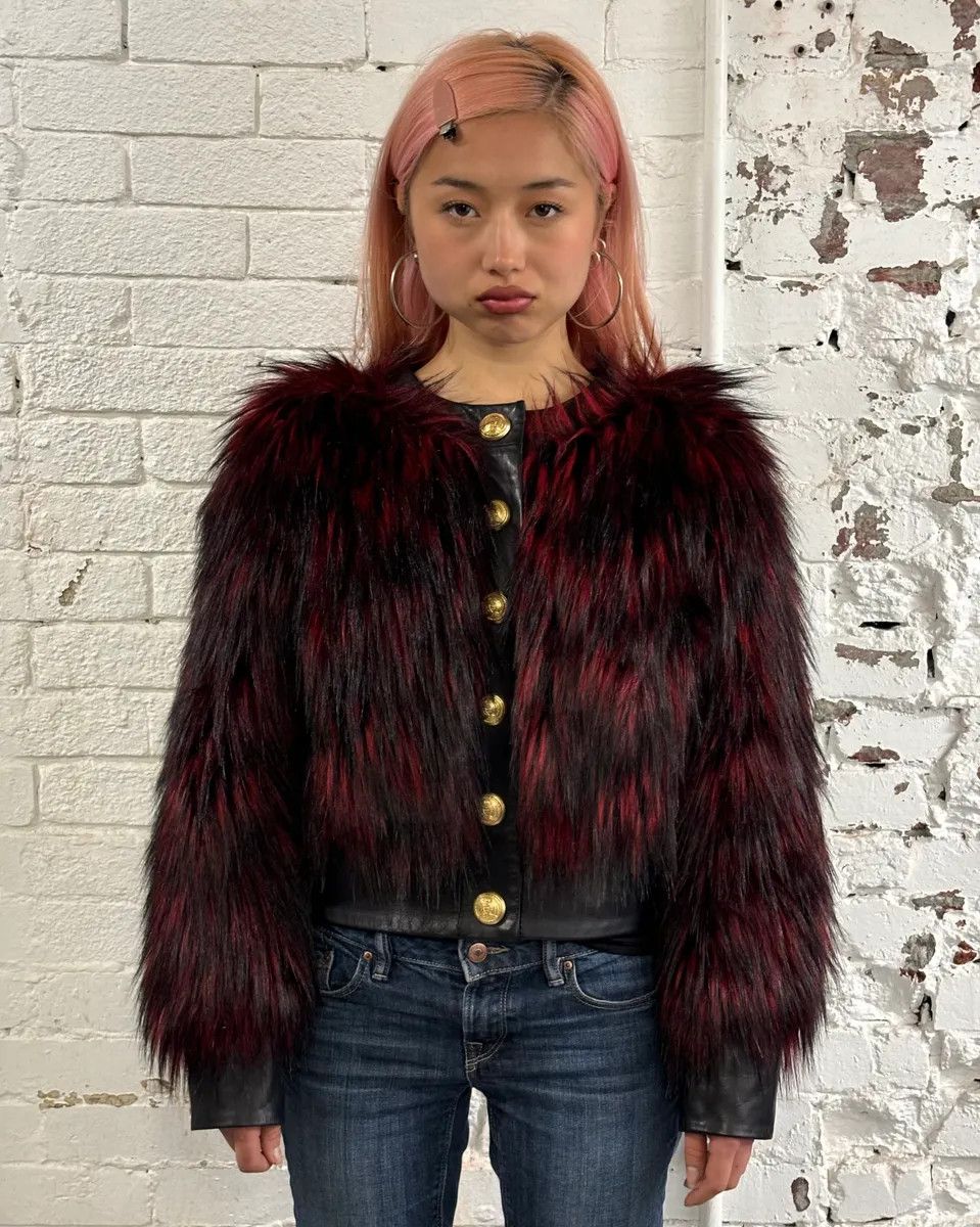 Balmain Balmain H&M Bordeaux & Black Faux Fur Gold Button Jacket Size S / US 4 / IT 40 - 2 Thumbnail