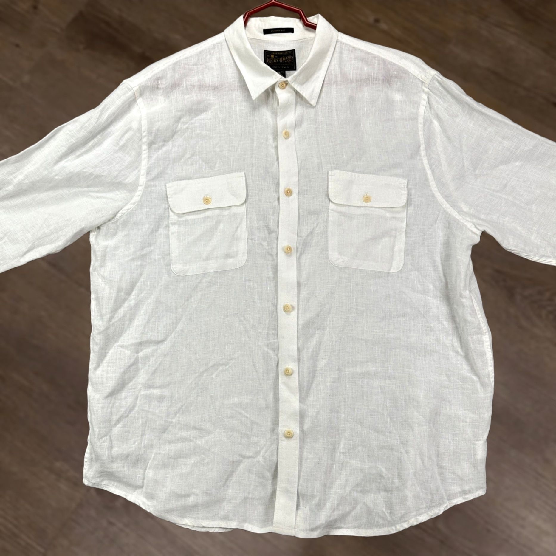Lucky Brand Lucky Brand Linen Shirt Button Up Mens XL White Classic Fit Pockets Casual Flap Pocket Solid Breathable Easy Care Long Sleeve Collar-Up Shirt Size US XL / EU 56 / 4 - 1 Thumbnail