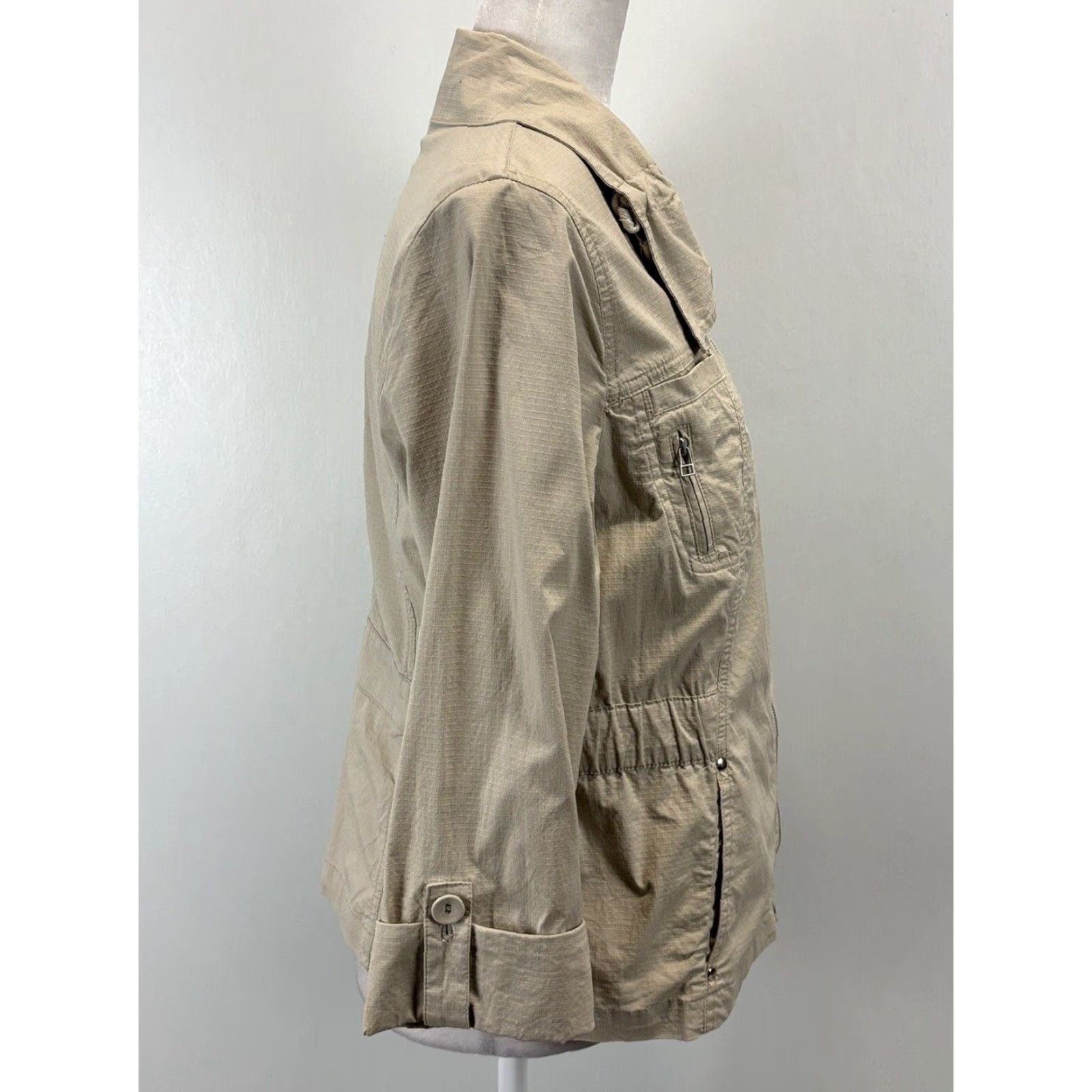 Vintage Chicos Lightweight Cotton Blend Beige Medium Jacket Full Zip Roll Tab Sleeves Women Size XS / US 0-2 / IT 36-38 - 4 Thumbnail