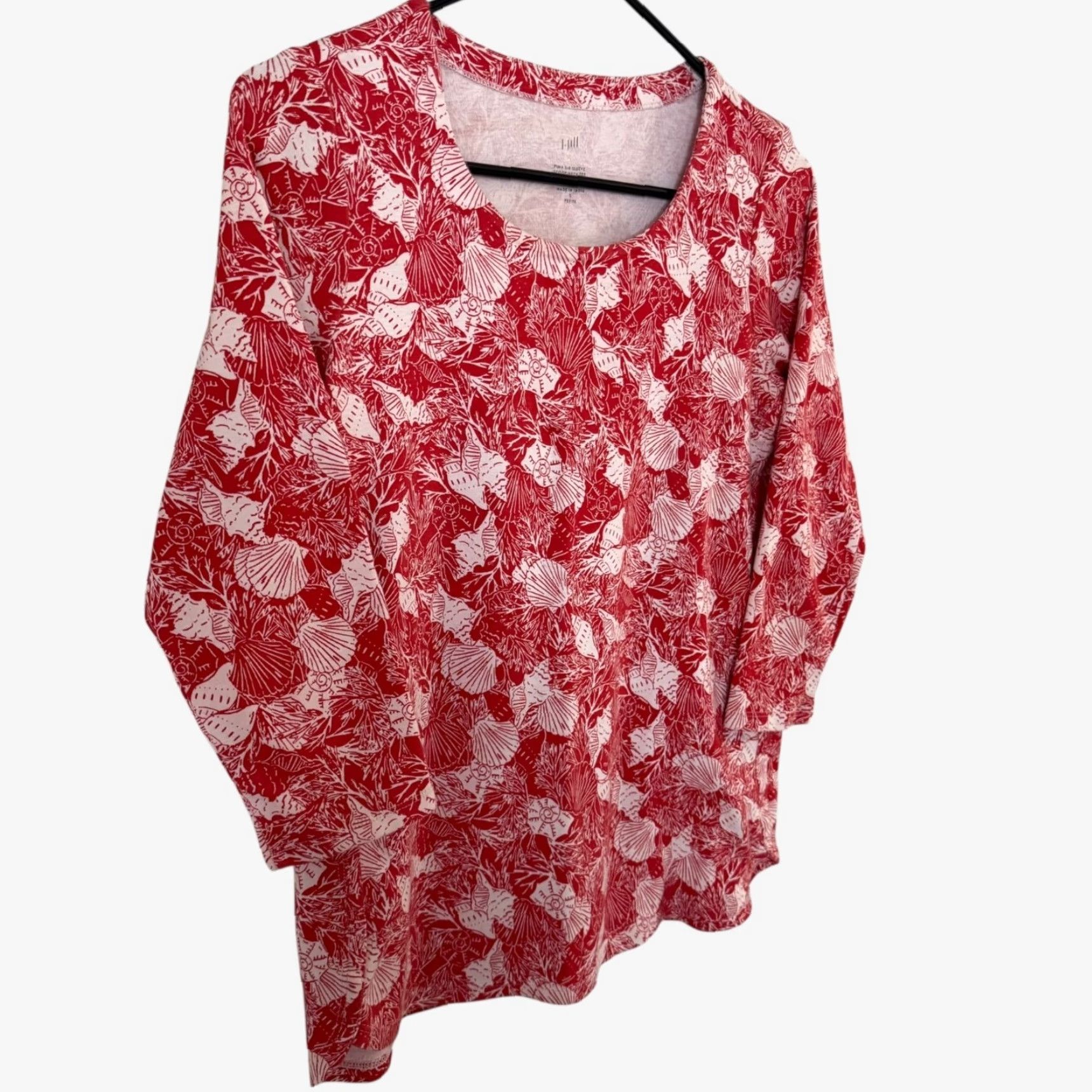 J. Jill VINTAGE J.Jill Pima Shell Print 3/4 Sleeve Scoop-Neck Tee Shirt Red Womens Petite Small Beachy Size S / US 4 / IT 40 - 3 Thumbnail