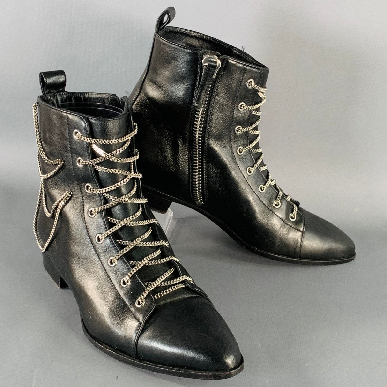 Giuseppe Zanotti GIUSEPPE ZANOTTI Black Leather Chain Side Zipper Ankle Boots Size US 5 / IT 35 - 1 Thumbnail